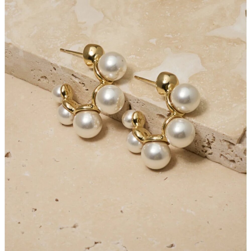 NEW Pennie Gold and White Pearl Chunky Hoop Earrings Hoops - Picture 3 of 3